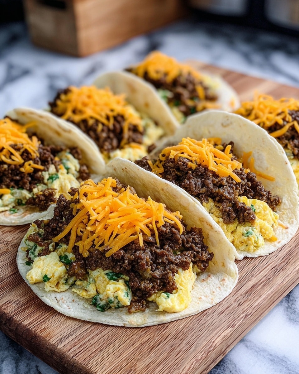 The image shows four open soft wheat tortillas laid flat on a wooden board with each tortilla containing three visible layers of filling. The bottom layer is fluffy scrambled eggs with visible green herbs mixed in, having a light yellow and green color and a soft texture. The middle layer is bright orange shredded cheddar cheese scattered unevenly over the eggs. The top layer is cooked ground beef, dark brown and crumbly, piled generously in the center of each tortilla. The setting is a kitchen with a blurred background, and the wooden board holding the tortillas contrasts with the white marbled texture surface beneath. photo taken with an iphone --ar 4:5 --v 7