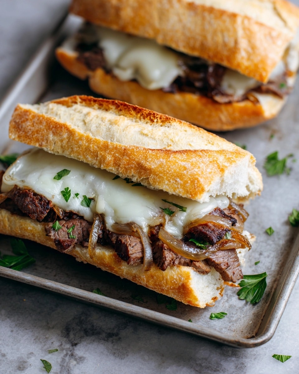 The image shows two steak sandwiches placed on a gray metal tray with a few green parsley leaves around. Each sandwich has three visible layers: the top layer is a light golden-brown toasted bread roll, slightly crusty with a soft inside; the middle layer consists of melted white cheese covering caramelized brown onions, adding a soft and glossy texture; the bottom layer has tender, dark brown grilled steak pieces peeking out from the sandwich. The bread's rough texture contrasts with the smooth cheese and juicy meat. The photo has a close-up angle, focusing on the texture and layers of the sandwiches, on a white marbled surface. photo taken with an iphone --ar 4:5 --v 7