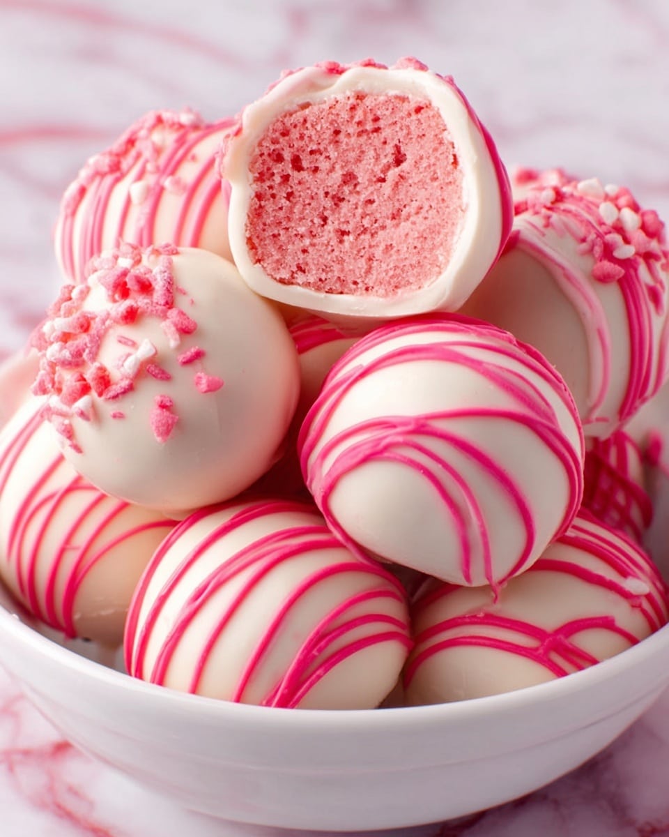 The image shows a white bowl filled with round truffles decorated with pink and white swirls. Each truffle has smooth, shiny icing with pink stripes wrapped around a white base. One truffle is cut in half resting on top, revealing a soft, crumbly pink center inside. The bowl is full, and the truffles are stacked closely together. The background is a white marbled texture. photo taken with an iphone --ar 4:5 --v 7