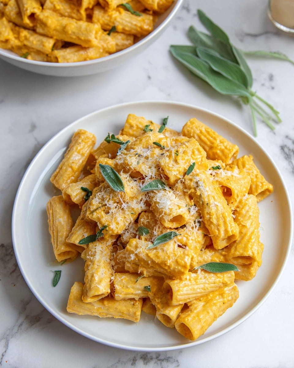 The image shows a white plate with a single layer of rigatoni pasta coated in a creamy, light orange sauce. The pasta is sprinkled with grated cheese, giving a slightly grainy texture on top, and garnished with small green sage leaves scattered evenly across the dish. In the background, there is a white bowl also filled with the same rigatoni pasta and sauce. The surface underneath is a white marbled texture with a single green sage leaf placed next to the plate. Photo taken with an iphone --ar 4:5 --v 7