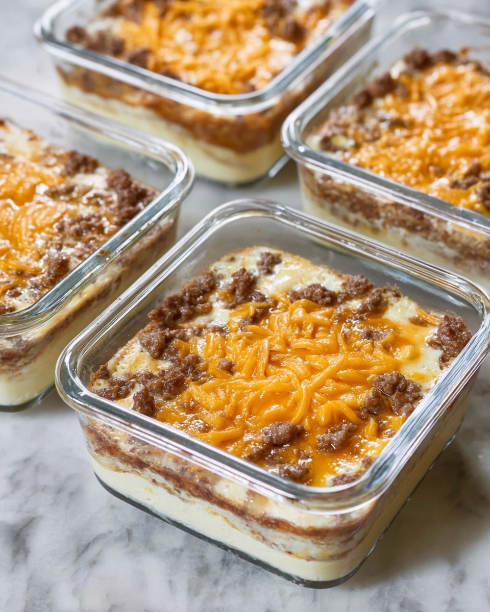 The image shows three square glass containers filled with a layered baked dish. Each dish has three visible layers: the base appears creamy and light brown, topped with small chunks of browned ground meat scattered evenly, and finished with a layer of melted shredded orange cheese spread unevenly on top. The dishes sit on a white marbled surface, and the textures look soft and slightly bubbly from baking. photo taken with an iphone --ar 4:5 --v 7
