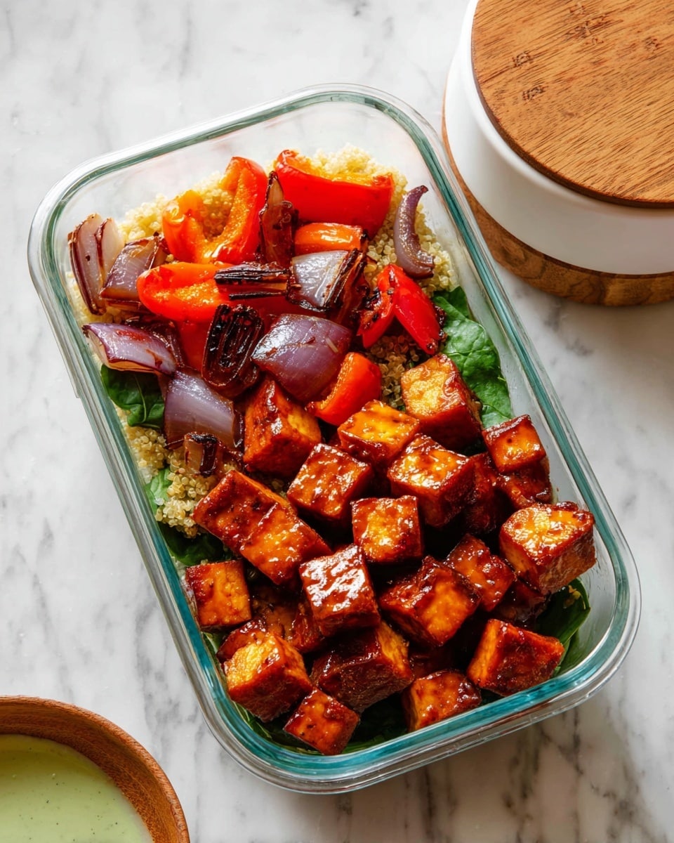 A rectangular glass container holds a layered dish starting with a base of light-colored quinoa mixed with green spinach leaves visible peeking through. On top of this base, there are large, glossy, dark orange-brown glazed tofu cubes arranged mostly in the bottom half. The top half contains pieces of roasted vegetables, including bright red and orange bell peppers with some charred edges, and chunky roasted onion pieces that are translucent purple with some blackened spots. The container sits on a white marbled surface with a white container lid beside it and a small wooden bowl with pale green sauce nearby. Photo taken with an iphone --ar 4:5 --v 7