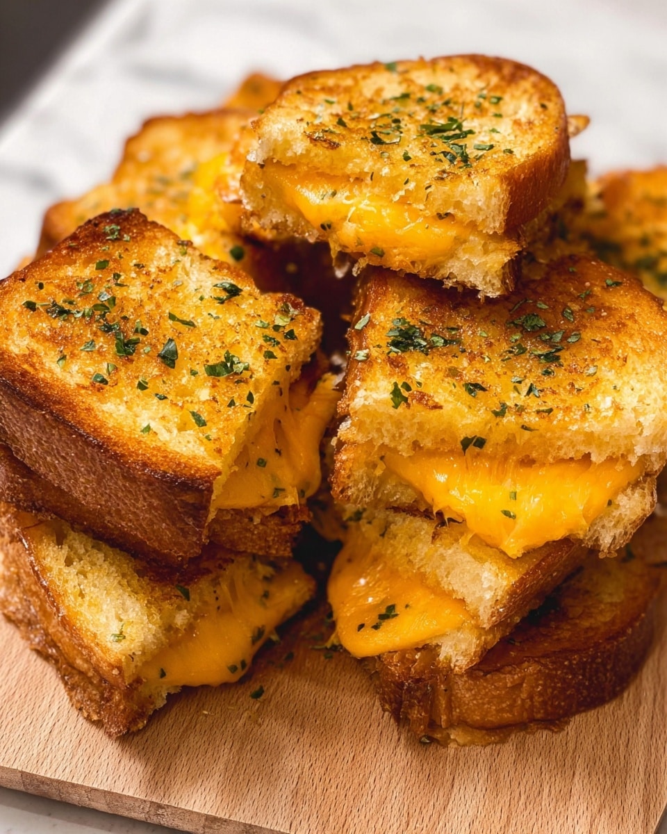 The image shows a pile of small grilled cheese sandwiches stacked together on a wooden board with a white marbled surface underneath. Each sandwich has two golden-brown toasted bread slices with a slightly crispy texture and visible green herb flakes sprinkled on top. Between the bread layers, there is melted bright yellow-orange cheddar cheese that oozes out slightly, creating an inviting, gooey look. The sandwiches appear fluffy and lightly browned around the edges, with the cheese melted evenly inside. photo taken with an iphone --ar 4:5 --v 7