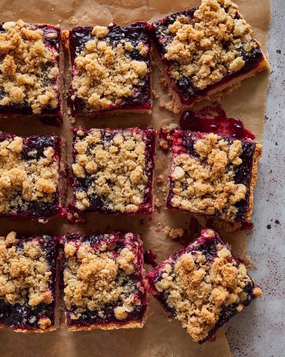 The image shows nine square berry crumble bars arranged on brown parchment paper over a white marbled texture. Each bar has three visible layers: a golden crumbly oat topping with rough texture at the top, a thick, juicy dark red and purple berry filling in the middle that slightly oozes out on some bars, and a pale, firm crust base layer at the bottom. One bar near the top has been slightly lifted, showing the thickness and texture of the base along with the filling. The bars have uneven crumb pieces on top, and a few berry stains are visible on the parchment around the bars. photo taken with an iphone --ar 4:5 --v 7