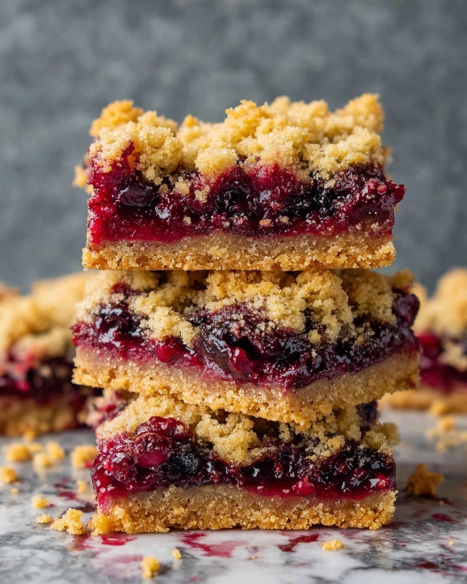 The image shows a stack of three square-shaped berry crumble bars on a white marbled surface, each bar having three layers. The bottom layer is a thick, crumbly golden-brown crust with a coarse texture. The middle layer is a glossy, juicy mix of dark red and purple berries that are slightly oozing out between the layers. The top layer is a golden, crumbly streusel topping with small clumps that contrast with the smooth berry filling. There are some crumbs and a bit of berry juice around the base of the stack, enhancing the rustic look. photo taken with an iphone --ar 4:5 --v 7