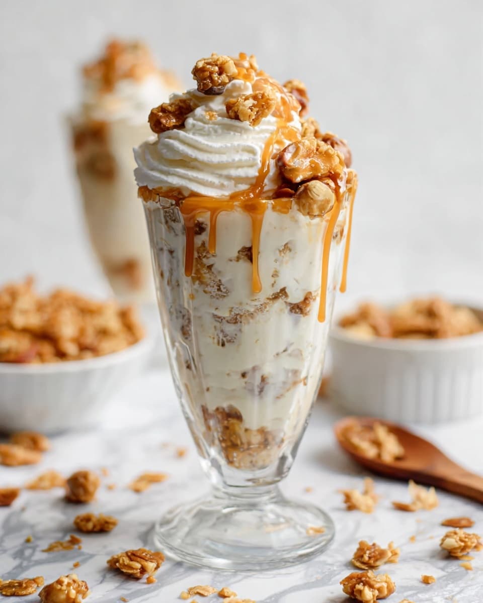 The image shows a tall clear glass filled with layered dessert. The bottom layer contains creamy white custard mixed with small light brown crunchy bits. The middle layer is similar, with more of the creamy custard and crunchy pieces inside. The dessert is topped with a generous swirl of white whipped cream that looks soft and fluffy. On top of the whipped cream, there are scattered clusters of crunchy light brown nuts or granola, some drizzled with a shiny caramel sauce that slowly drips down the sides of the whipped cream. The glass stands on a white marbled surface, with more crunchy pieces scattered around it. In the background, there is a blurred white bowl filled with similar crunchy bits and a wooden spoon. The scene looks fresh and inviting, photo taken with an iphone --ar 4:5 --v 7