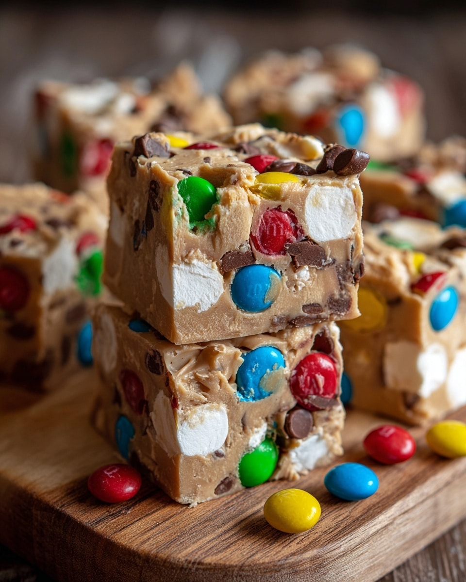 This image shows two stacked square fudge pieces filled with colorful candy-coated chocolate pieces in red, blue, yellow, and green, along with white, soft marshmallows and dark chocolate chunks embedded throughout the light brown fudge base. The fudge pieces have a smooth yet slightly crumbly texture and sit on a wooden surface with more fudge pieces and candies blurred in the background. A few loose colorful candy pieces are scattered around the base of the fudge stack. photo taken with an iphone --ar 4:5 --v 7