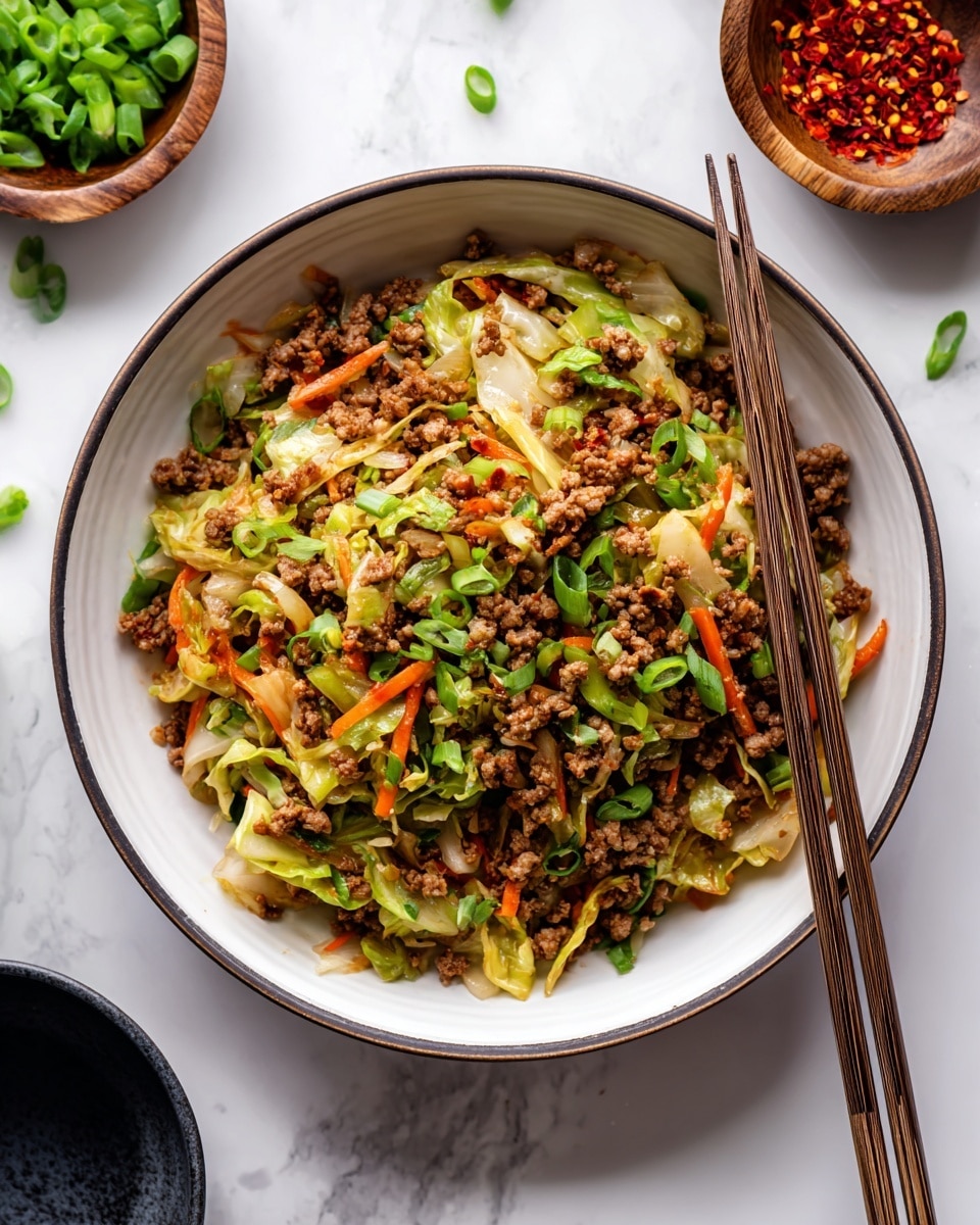 A bowl filled with a cooked mix of ground meat and chopped vegetables including green cabbage and orange carrot strips, garnished with chopped green onions, showing a textured, slightly glossy mix of brown, green, and orange colors. The bowl is white with a thin dark rim, and wooden chopsticks rest on the right side inside the bowl. The background is a white marbled surface with small sliced green onions, red chili flakes in a small wooden bowl, and a dark round cup partially visible. Another similar bowl is partially shown at the top left corner. photo taken with an iphone --ar 4:5 --v 7