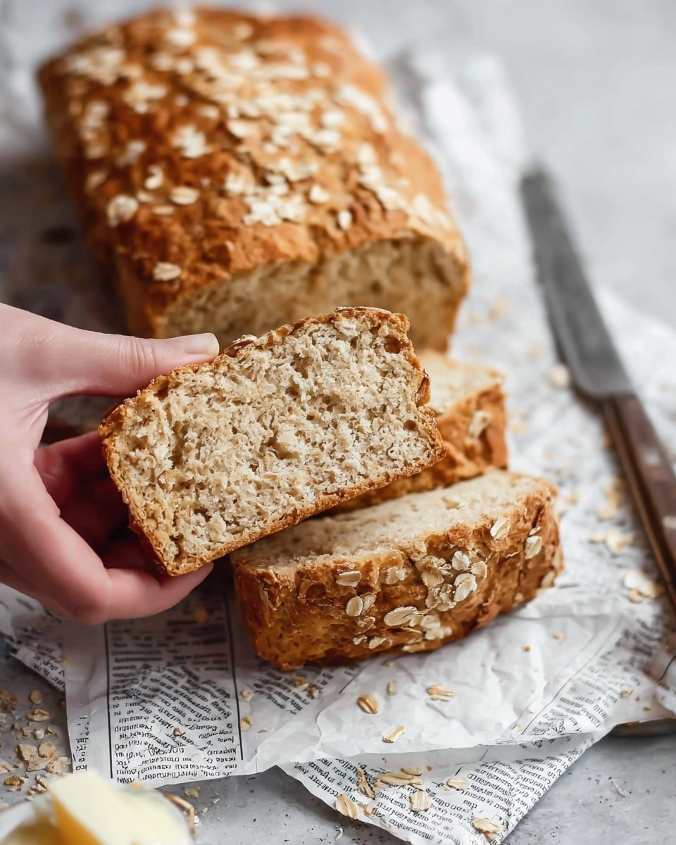 A close-up view of a loaf of oatmeal bread on a white marbled surface covered with newspaper print. The bread has a golden brown crust with visible oatmeal flakes on top. Several slices of the bread are cut and placed slightly overlapping on the surface. A woman's hand is holding one slice of the bread, showing a soft, crumbly, light beige interior with bits of oats embedded. A shiny silver butter knife lies on the surface next to the bread. Photo taken with an iphone --ar 4:5 --v 7
