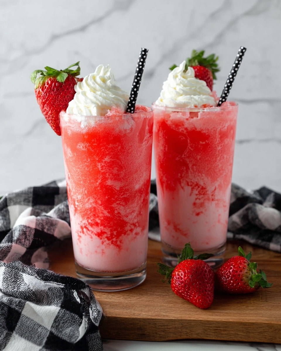 Two tall clear glasses filled with a layered strawberry drink stand side by side on a wooden board. The bottom layer is a light pink creamy liquid, topped with a thick, icy, bright red strawberry slush. Each glass is decorated with a swirl of white whipped cream and a fresh half strawberry with its green leaves on top, along with a black and white polka dot straw inserted from the back. Two whole strawberries lie in front of the glasses on the board, and a black and white checkered cloth is casually draped nearby. The background features a white marbled texture. photo taken with an iphone --ar 4:5 --v 7