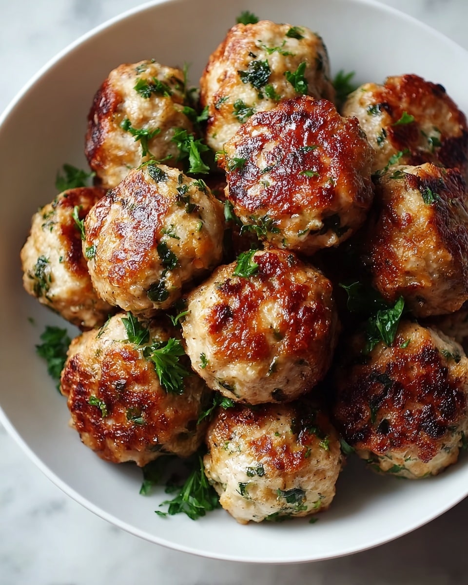 A white bowl filled with about a dozen round meatballs, each with a golden-brown crispy outside mixed with green herbs visible inside. The meatballs have a shiny texture where they are cooked and have small bits of fresh green parsley sprinkled on top and around. The background shows a clean white marbled texture. photo taken with an iphone --ar 4:5 --v 7