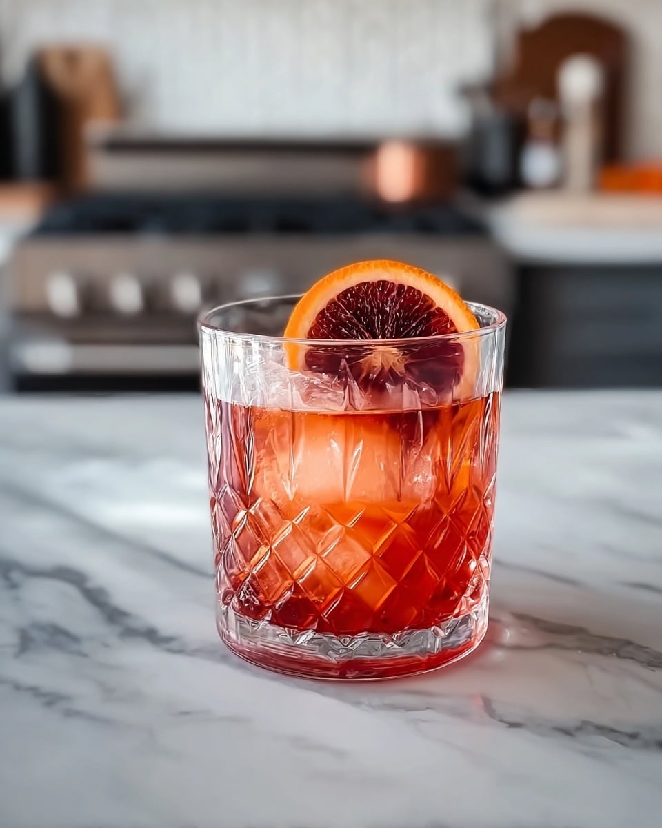 A clear glass with a diamond pattern holds a reddish-orange drink filled with four visible round ice cubes. A slice of blood orange with deep red and orange hues is placed inside the glass, partly resting on the ice and leaning on the side of the glass. The glass is sitting on a white marbled surface, with a blurred kitchen stove in the background. photo taken with an iphone --ar 4:5 --v 7