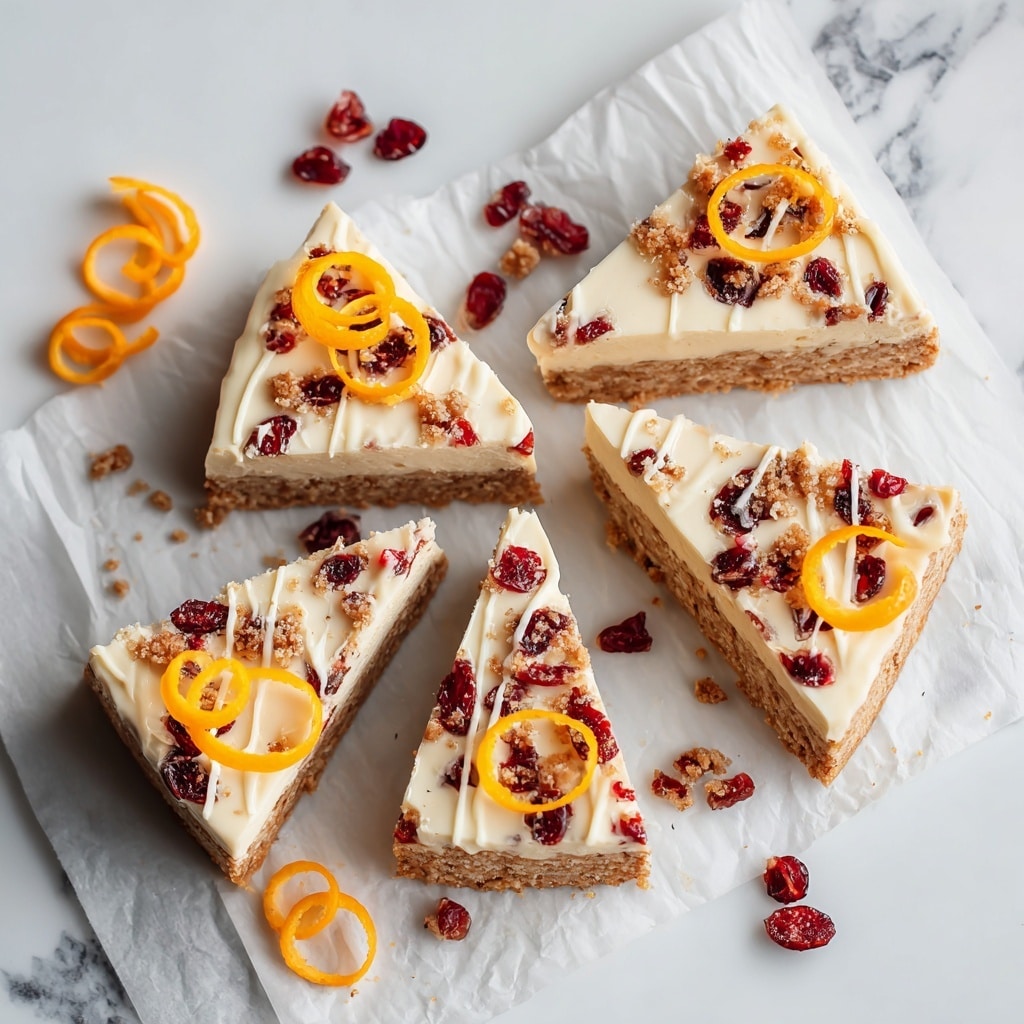 The image shows sixteen square pieces of dessert arranged in a 4 by 4 grid on a white marbled surface. Each piece has three layers: a base layer of light golden cake, a middle thick creamy white layer, and a top layer with a smooth white icing that is drizzled with thin white lines of icing. The top is scattered evenly with small red and dark red dried fruit pieces, mostly cranberries, creating a contrast with the white icing. The edges of each square are clean and the texture looks soft and moist. photo taken with an iphone --ar 4:5 --v 7