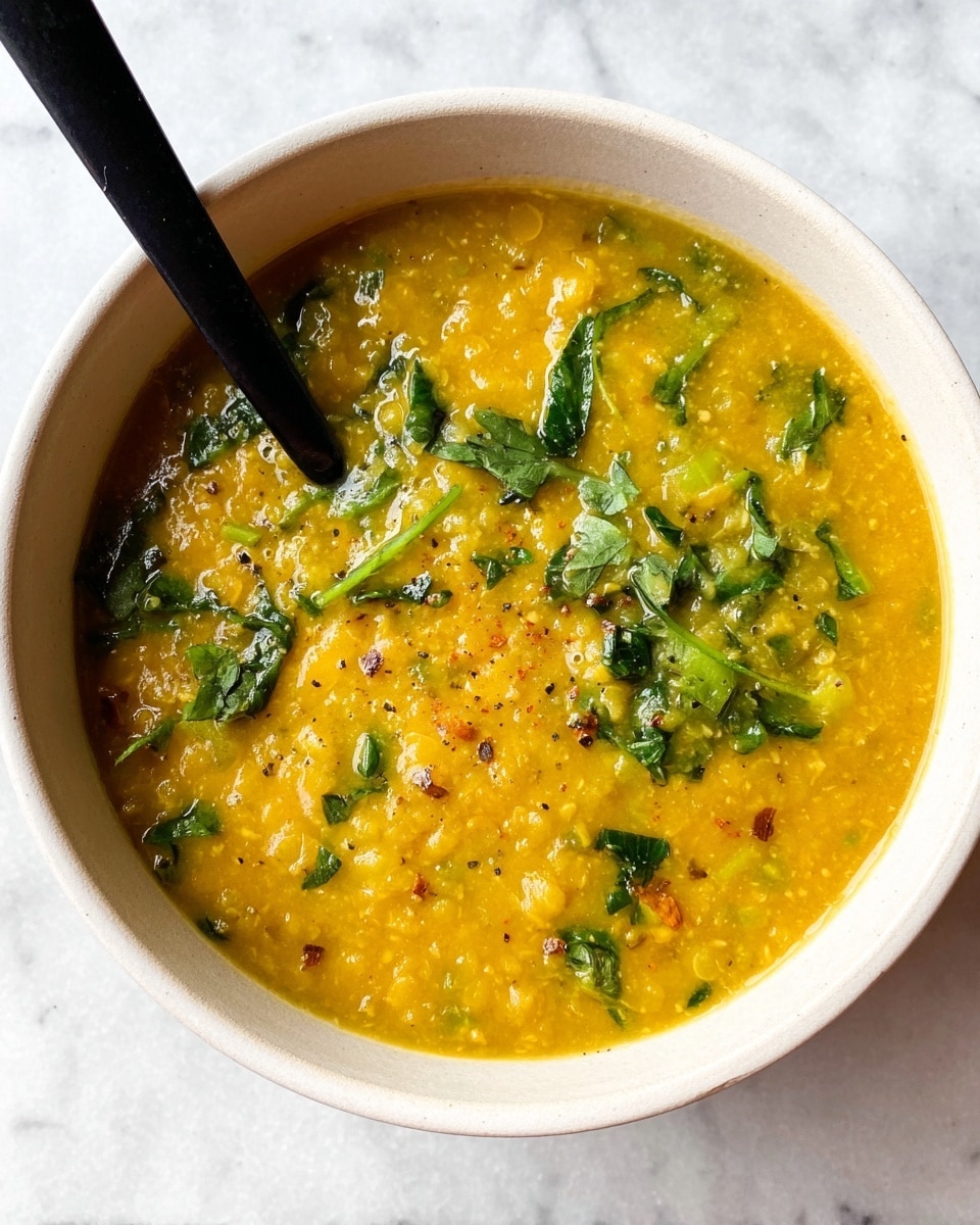 A white bowl filled with a thick, creamy yellow lentil soup that has a slightly chunky texture. Small green leafy bits are scattered throughout, adding contrast to the yellow base. The soup appears smooth but with visible grains and herbs, giving it a fresh and hearty look. A black spoon is partially dipped inside, resting against the side of the bowl. The bowl sits on a white marbled texture surface, highlighting the vibrant colors of the soup. Photo taken with an iphone --ar 4:5 --v 7