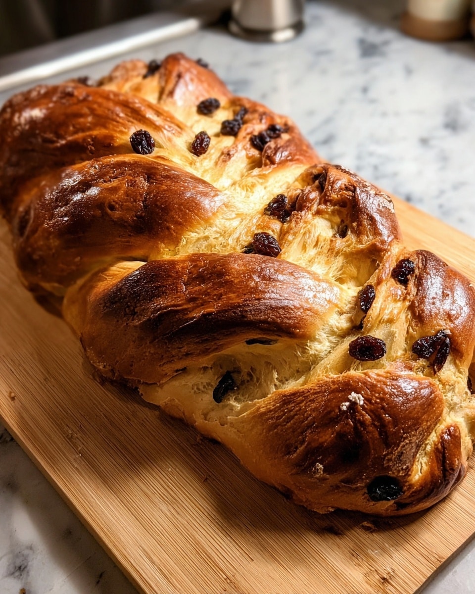 A freshly baked braided bread loaf rests on a wooden cutting board, showing its golden brown, shiny crust with a slightly textured surface. The loaf is filled with dark raisins scattered throughout its layers and on the top, adding contrast to the warm, baked dough. The bread has visible folds and twists from the braid, creating a layered look with a soft, fluffy inside hinted by small cracks in the crust. The background features a kitchen sink and counter with a white marbled texture replaced in place. Photo taken with an iphone --ar 4:5 --v 7