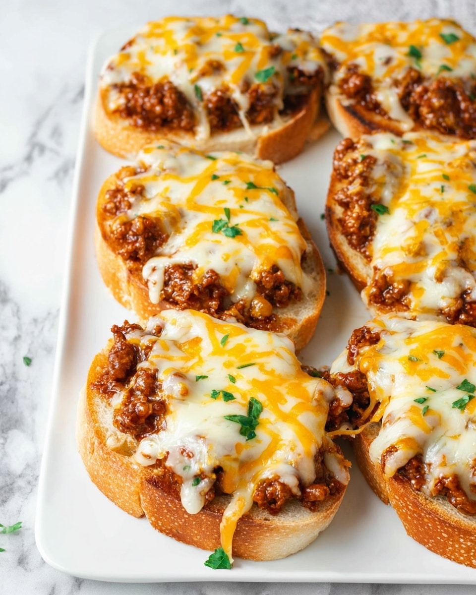 This image shows six open-faced sandwiches on a white plate placed on a white marbled surface. Each sandwich has one slice of light brown toasted bread as the base, topped with a thick layer of cooked minced meat sauce that is dark brown with a slightly chunky texture. Over this meat layer, there is a generous amount of melted cheese in two colors: creamy white and bright orange. The cheese is stringy and melted, covering the meat and almost reaching the edges of the bread. Small bits of green herbs are sprinkled on top, adding a fresh color contrast. Photo taken with an iphone --ar 4:5 --v 7