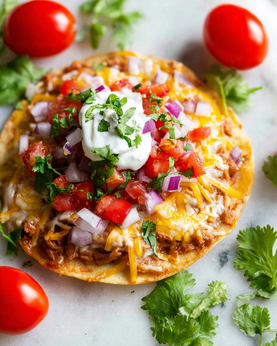 The dish shows a small, round crispy tortilla base with several visible layers: the bottom layer is refried beans with a smooth, light brown texture, followed by a layer of melted yellow and white shredded cheese. On top, there is a mix of small diced red tomatoes and finely chopped purple onions, adding bright color and texture. A dollop of white sour cream sits in the center, garnished with fresh green cilantro leaves. Around the dish, whole red grape tomatoes and fresh cilantro sprigs add vibrant, natural colors against a white marbled surface. photo taken with an iphone --ar 4:5 --v 7