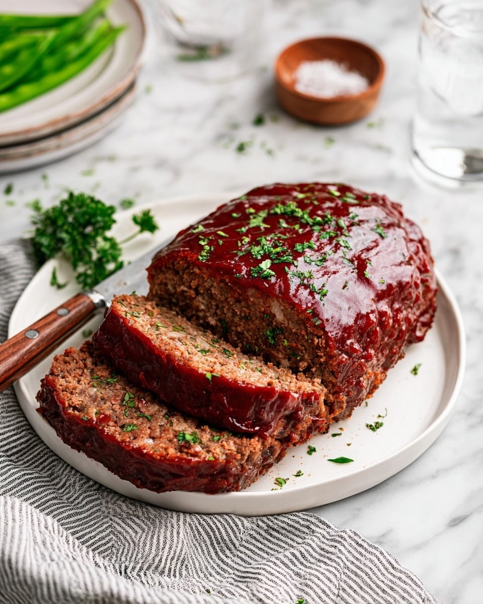 A thick, oval-shaped meatloaf sits on a white plate, covered in a shiny, dark reddish-brown glaze that looks smooth and sticky. The meatloaf is cut into four even slices showing a coarse, dense texture inside with visible small bits of onion, and is sprinkled delicately with chopped fresh green herbs on top and over the slices. A knife with a wooden handle rests partly under the meatloaf on the left side of the plate. The plate is placed on a white marbled surface with a striped gray and white cloth nearby. In the background, there are two clear glasses of water, a small wooden bowl with coarse salt and pepper, and a blurry plate holding bright green vegetables. photo taken with an iphone --ar 4:5 --v 7