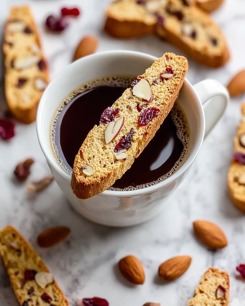 A white cup filled with dark brown coffee sits on a white marbled surface, with a single biscotti placed horizontally on the cup's rim. The biscotti has a light golden color with visible whole almond pieces and deep red dried cranberries embedded inside. Around the cup, several more biscotti pieces are scattered, showing the same nut and dried fruit texture. Some whole almonds and dried cranberries are also spread across the surface, adding to the rustic feel of the scene. Photo taken with an iphone --ar 4:5 --v 7