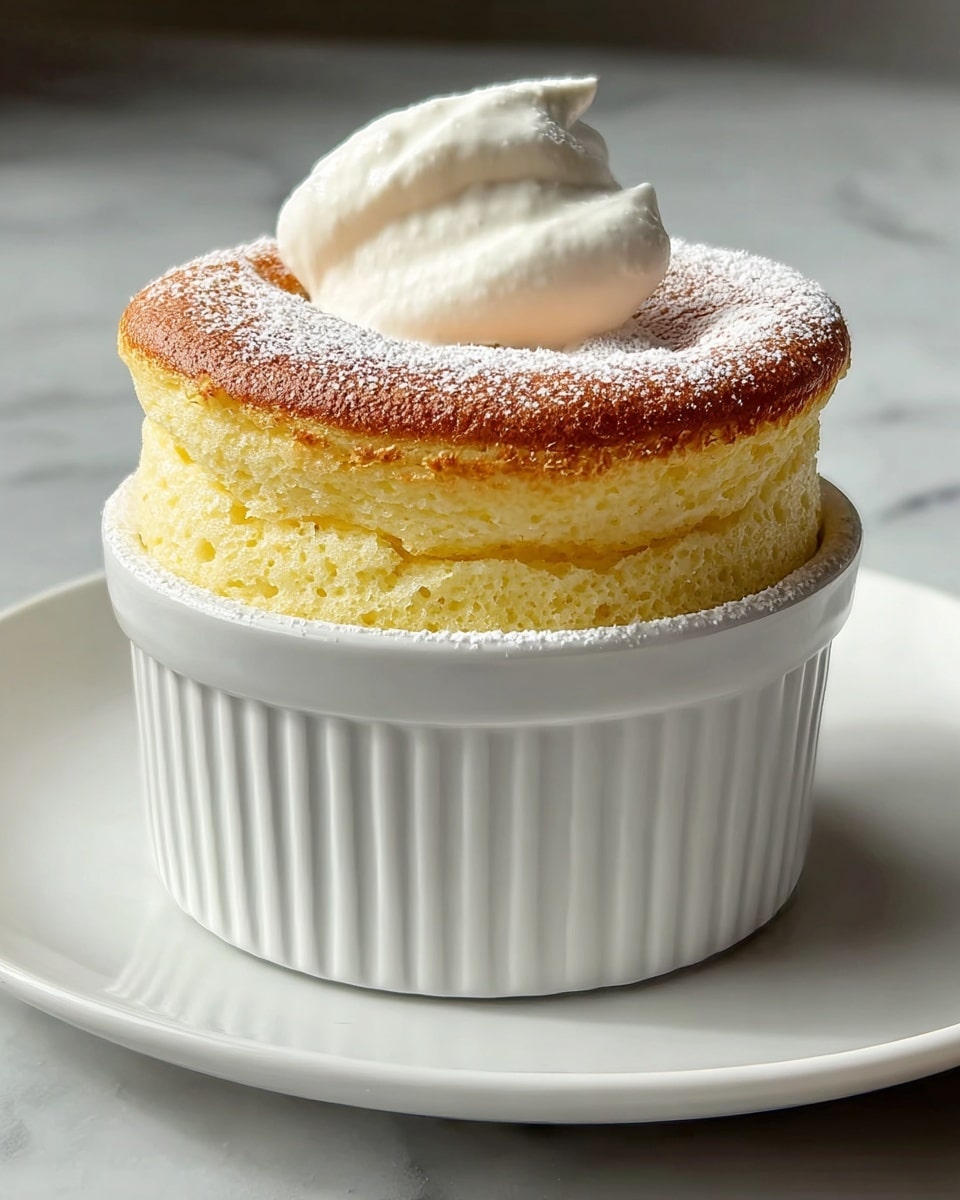 A tall fluffy soufflé with two layers, the bottom layer is pale yellow and sponge-like, while the top layer is golden brown with a light dusting of powdered sugar. It rises well above the edge of a white ribbed ceramic ramekin cup. On top, there is a smooth dollop of white cream with a slight peak. The ramekin is placed on a white plate with a white marbled surface in the background. photo taken with an iphone --ar 4:5 --v 7