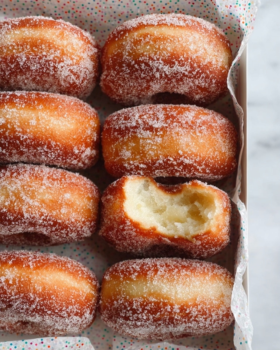 A close-up of nine sugar-coated doughnuts with a golden brown fried crust, arranged neatly in three rows within a white box lined with white paper that has small colorful dots. Each doughnut is thick and fluffy, with granulated sugar evenly covering the entire outer surface. One doughnut in the middle row has a bite taken out, showing a soft, pale yellow, airy interior. The white box and the white marbled surface below create a clean and bright background. Photo taken with an iphone --ar 4:5 --v 7
