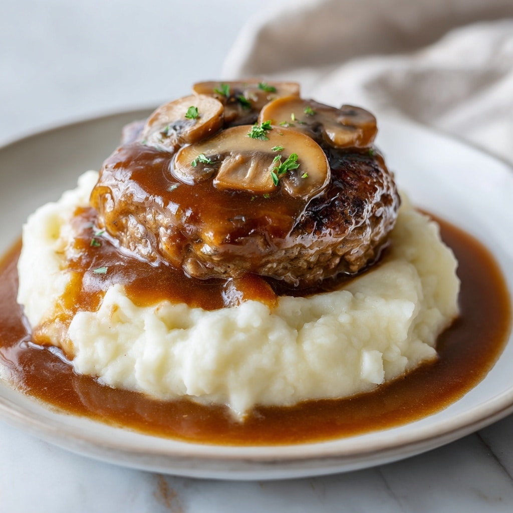 The image shows a close-up of a dish with two main layers. The bottom layer is a smooth, creamy mound of mashed potatoes that is bright white in color with a soft texture. On top, there is a thick hamburger steak patty covered in a glossy brown gravy mixed with sliced mushrooms. The gravy looks rich and slightly thick with small green herbs sprinkled on top for garnish. The dish is presented on a white plate with a white marbled surface visible in the background. photo taken with an iphone --ar 4:5 --v 7
