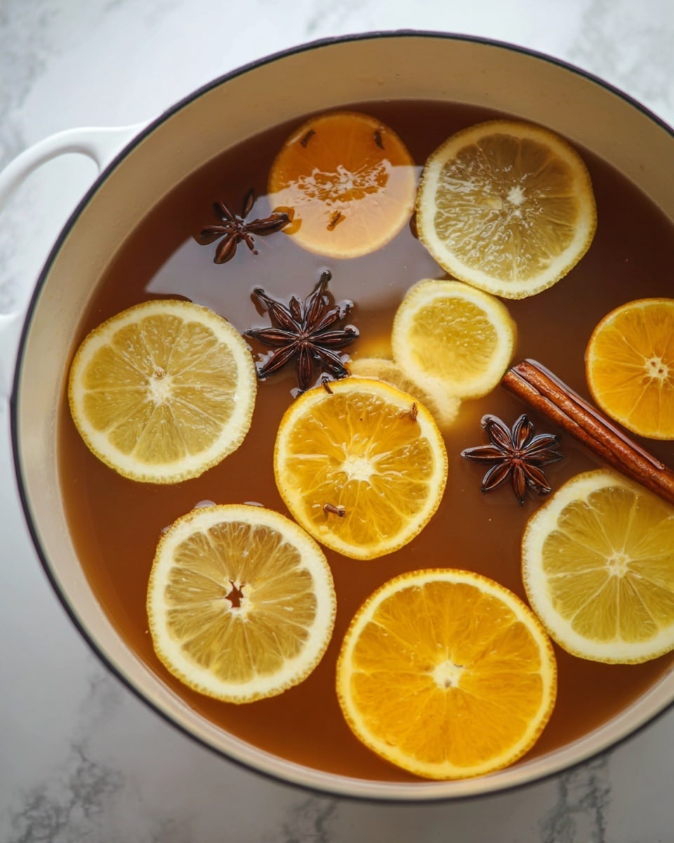 A white pot filled with a warm brown liquid that has floating thin round slices of lemon and orange scattered evenly on the surface, showing their detailed segments. Among the citrus slices, there are two dark brown star anise pods positioned near the center and one cinnamon stick lying horizontally. The pot is placed on a white marbled surface. photo taken with an iphone --ar 4:5 --v 7