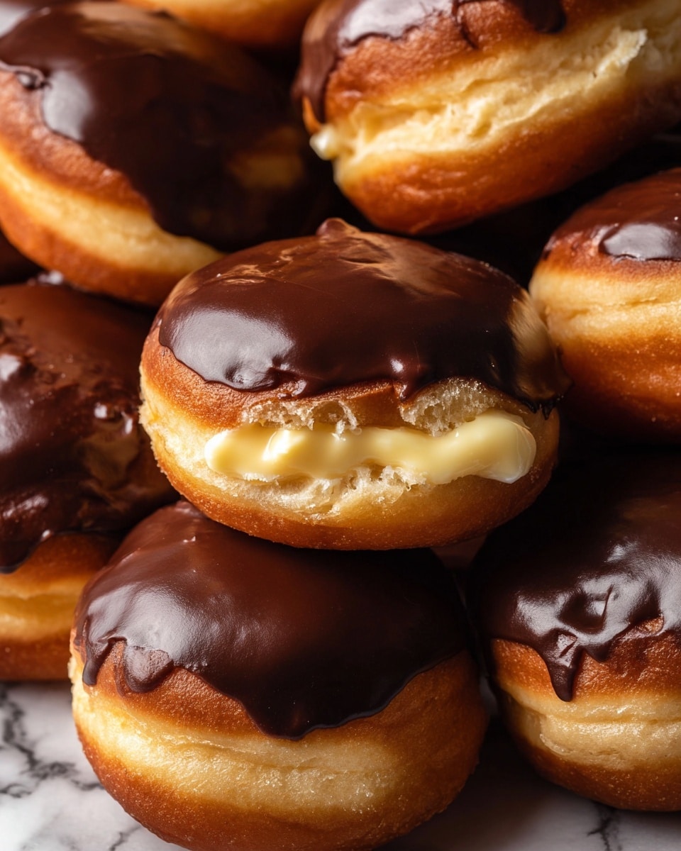 A close-up view of several small round donuts piled together, each donut having a golden-brown fried dough base with a smooth, shiny dark chocolate glaze covering the top half. The middle of each donut shows creamy light yellow custard filling slightly oozing out through small openings. The donuts have a soft texture with the chocolate glaze looking rich and glossy. The background has a white marbled texture. photo taken with an iphone --ar 4:5 --v 7