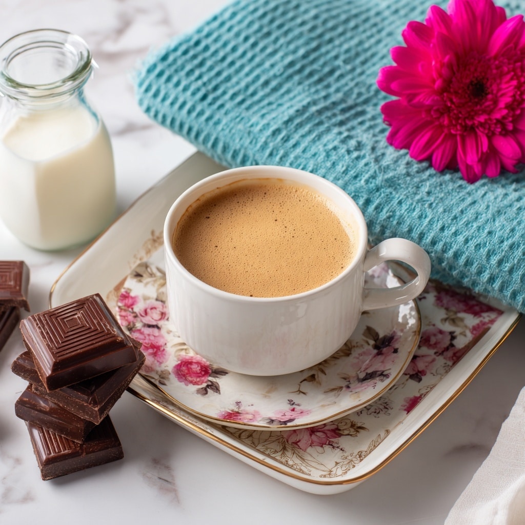 The image shows a tall stack of dark chocolate squares in the foreground, with each piece having a smooth, glossy dark brown surface and sharp edges, arranged unevenly to form a slightly leaning tower. To the right of the stack are two smaller chocolate squares placed flat on a white marbled surface that has a colorful floral patterned cloth partially underneath. Behind the chocolate, a large white cup filled with a creamy light beige drink sits centrally, with the surface of the drink smooth except for a few subtle swirls. Behind the cup, there is a bright pink flower with green center, and a folded turquoise cloth to the right, all set against a soft, pale background. Photo taken with an iphone --ar 4:5 --v 7