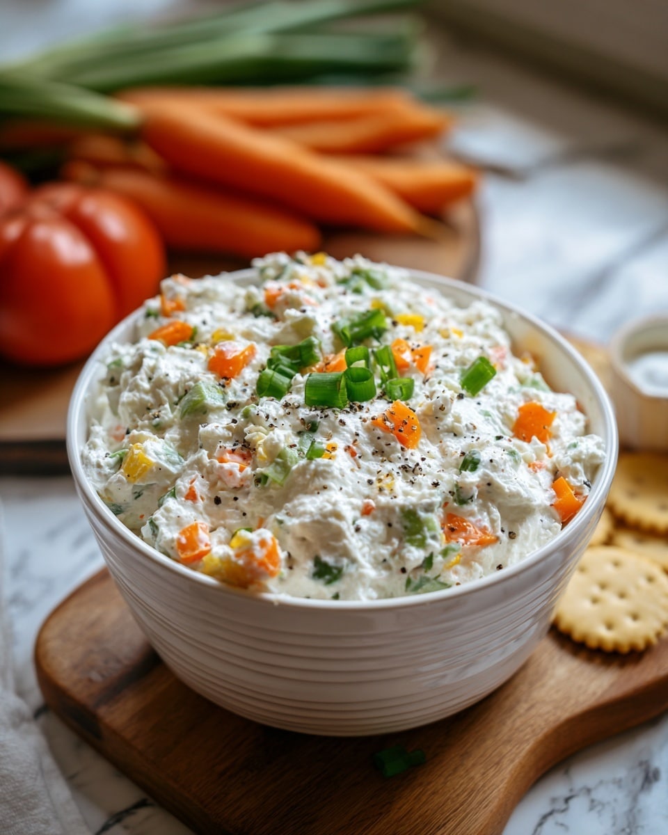 A white bowl filled with three visible layers of creamy cottage cheese mixed with small, colorful pieces of orange bell pepper and green chopped spring onions on top. The texture looks soft and slightly lumpy, with specks of black pepper sprinkled all over. The bowl is placed on a wooden board with a blurred background showing whole carrots and other vegetables on a white marbled surface. Photo taken with an iphone --ar 4:5 --v 7