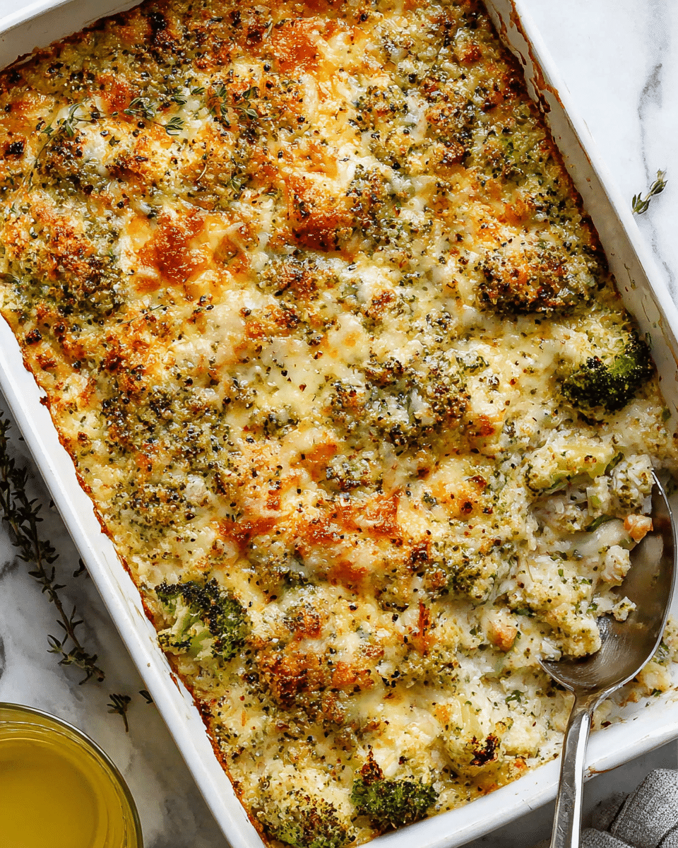 A close-up view of a white rectangular baking dish filled with a baked casserole that has a golden brown, slightly crispy top layer with specks of herbs and spices sprinkled all over. The surface is uneven with visible pieces of broccoli and melted cheese, giving a textured look with some browned spots, and a spoon is partially dipped into the casserole on the right edge. The dish is placed on a white marbled surface with a glass of yellow liquid nearby. Photo taken with an iphone --ar 4:5 --v 7