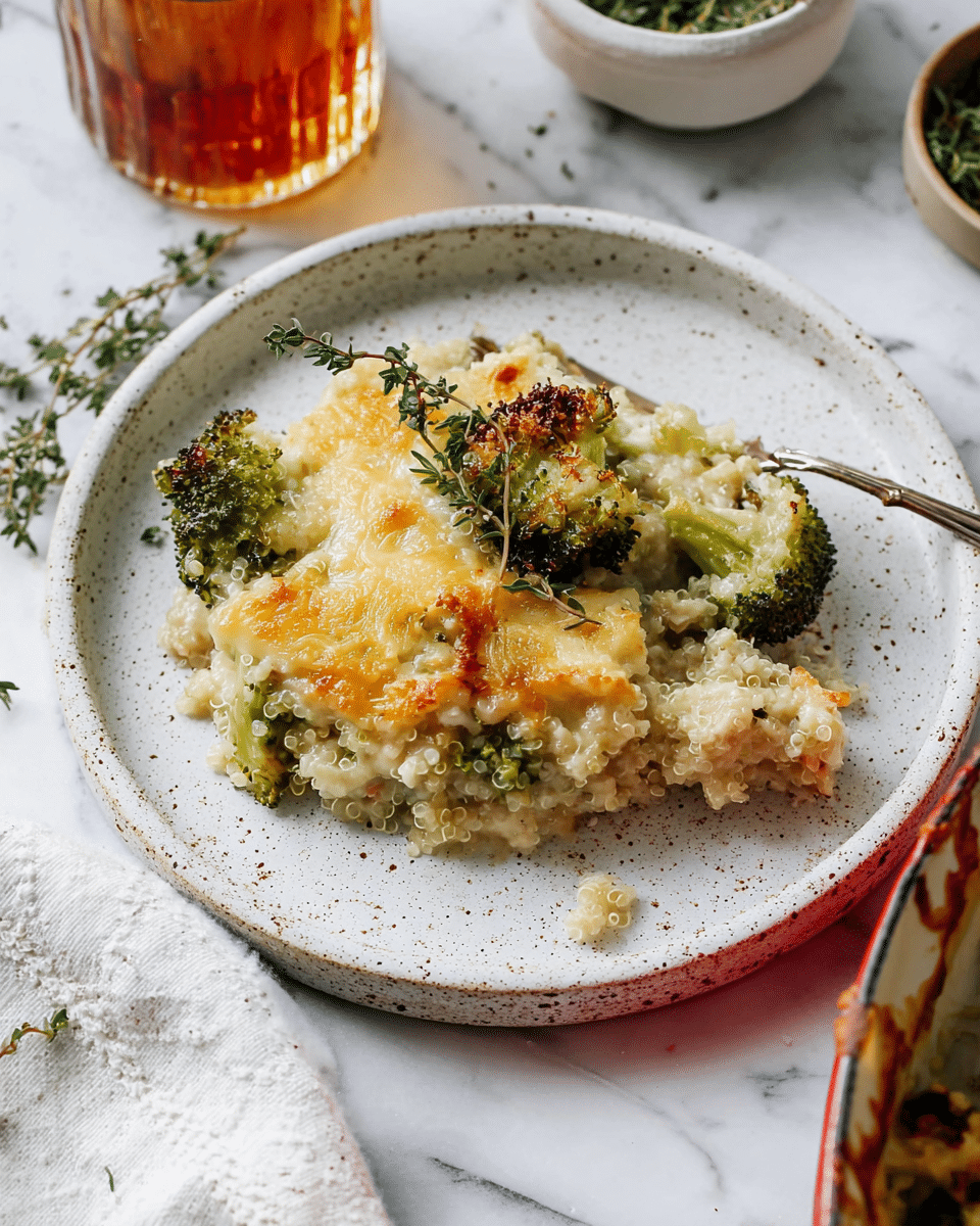 A serving of broccoli casserole sits on a white speckled plate, showing a soft base layer of creamy, pale quinoa mixed with small green broccoli florets. The top layer has melted cheese that is golden brown with crispy spots, giving a bubbly and textured look. There is a small sprig of thyme on top, adding a touch of green and freshness. The plate rests on a white marbled surface with a partial view of a white cloth napkin on the left, a glass of amber-colored drink in the upper left, some green herbs on a white bowl in the upper right, and the edge of a red pot at the bottom right. photo taken with an iphone --ar 4:5 --v 7