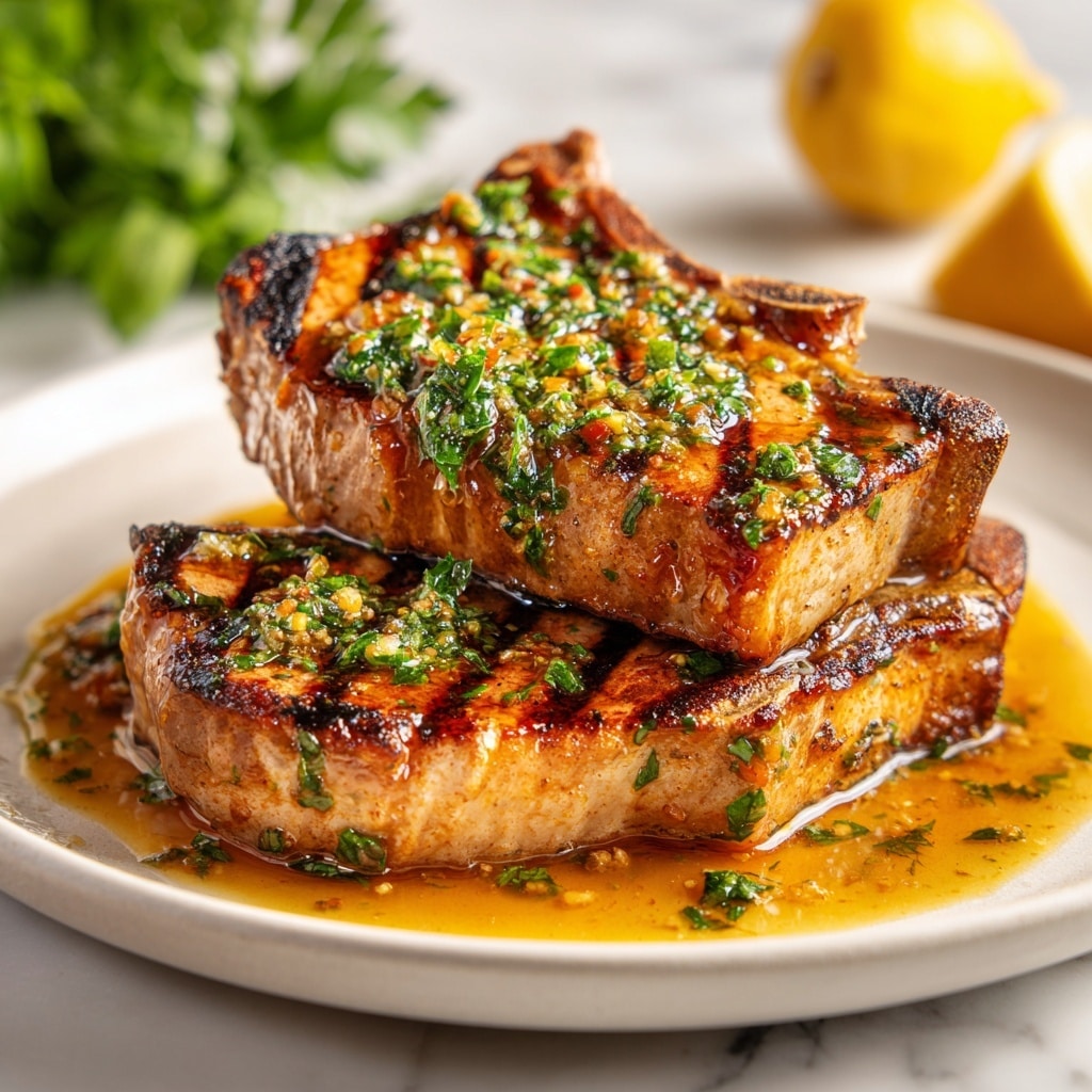 The image shows two thick grilled pork chops stacked on a white plate placed on a white marbled surface. The pork chops have golden brown grill marks and are topped with a generous amount of chopped green herbs that add a fresh texture and bright color. Around the pork chops, there are small puddles of golden sauce that reflect light, adding shine. In the background, there is a lemon half and some green parsley out of focus, which adds more natural color contrast. The scene looks warm and inviting, with clear textures on the meat and herbs. Photo taken with an iphone --ar 4:5 --v 7
