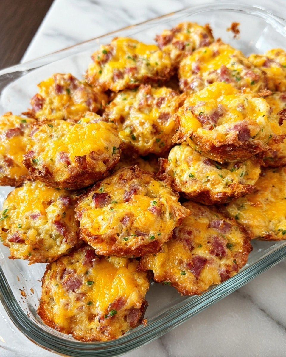 The image shows a clear glass baking dish filled with several small, round baked snacks. Each snack has a rough, uneven surface with a golden-yellow color from melted cheddar cheese mixed with small bits of pink ham and green herbs visible throughout. The edges of the snacks are slightly crispy and browned, adding texture contrast to the cheesy top. They are closely packed in the dish, creating a pile that fills most of the space. The dish sits on a white marbled surface. photo taken with an iphone --ar 4:5 --v 7