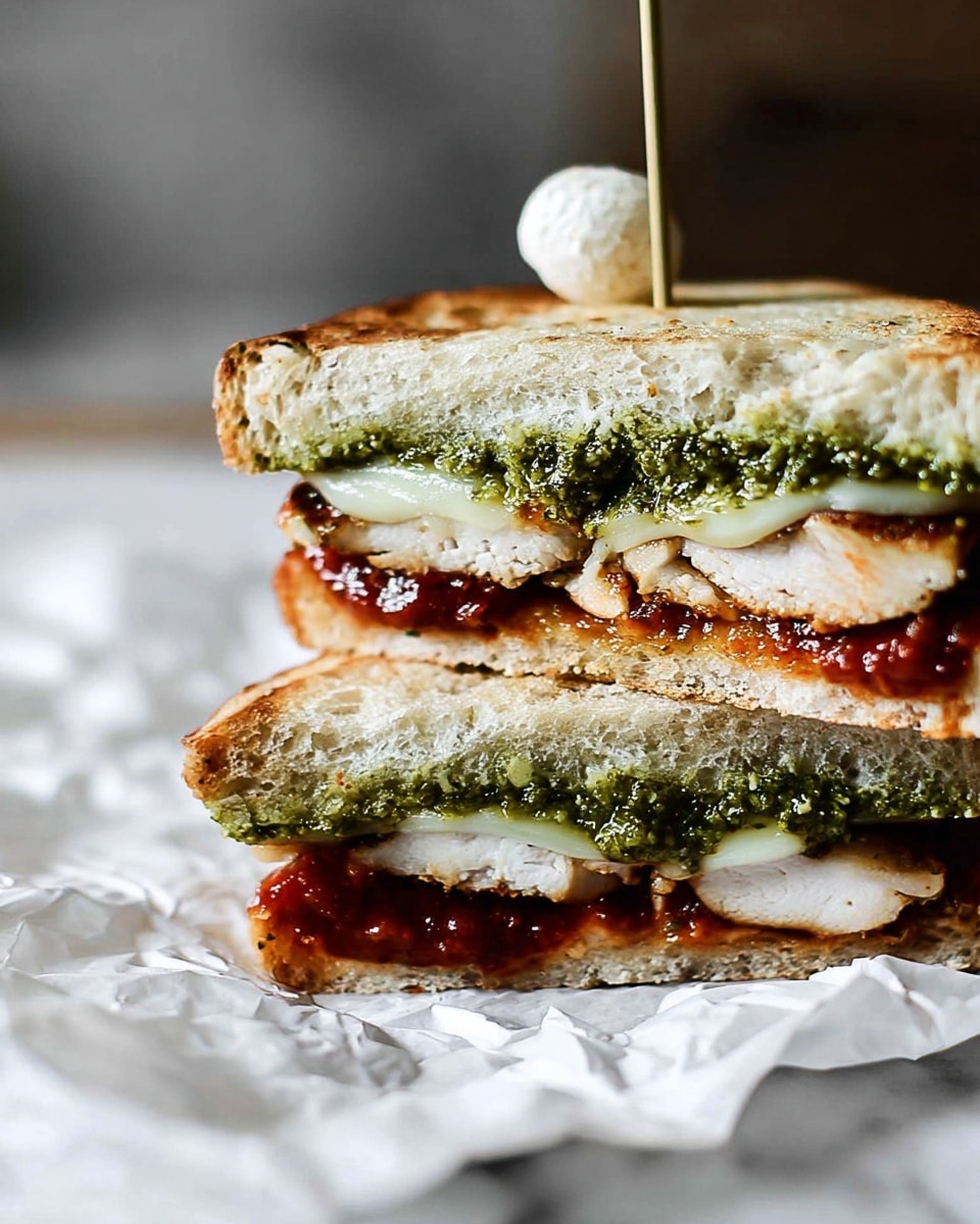 A grilled chicken melt sandwich is shown with three main layers on a lightly toasted, golden-brown flatbread or bun base. The bottom layer is a thick spread of rich, dark red sundried tomato paste with visible texture. On top of that lies a juicy, grilled chicken piece with a golden char and some darker grilled spots. The third layer is a white melted cheese with a smooth, creamy surface, crowned with a drizzle of bright green pesto sauce adding a fresh touch. The sandwich is placed on wrinkled white parchment paper, set on a wooden board, all against a white marbled texture background. photo taken with an iphone --ar 4:5 --v 7