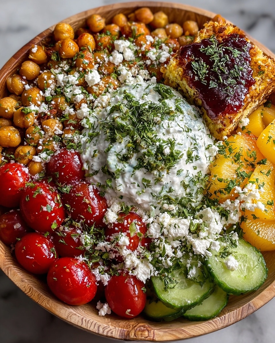 The dish is a colorful bowl with six sections, served in a round white bowl. Starting from the top left, there are golden brown roasted chickpeas sprinkled with white crumbled cheese and green herbs. Next to it, in the top right, is a square piece of golden crusted baked item topped with a dark red sauce and green herb garnish. In the middle center, there is a generous scoop of creamy white yogurt with fresh green herbs scattered on top. Below the yogurt, bright yellow cooked peach slices are topped with white crumbled cheese and green herbs. To the bottom left, there are shiny red cherry tomatoes also sprinkled with green herbs and cheese. Finally, in the bottom right, fresh green cucumber slices are lightly sprinkled with white crumbled cheese and green herbs. The bowl sits on a white marbled surface. Photo taken with an iphone --ar 4:5 --v 7