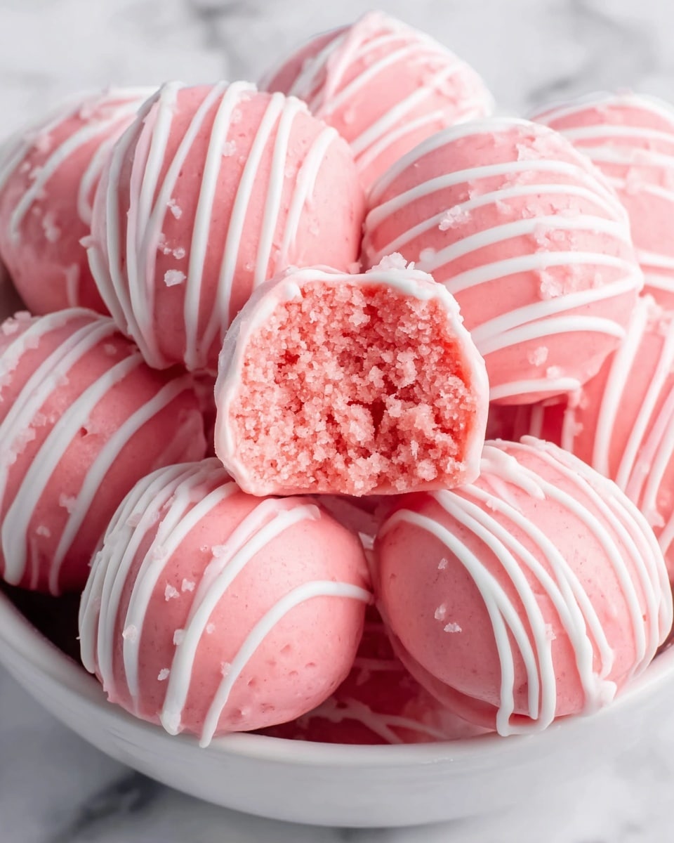 A white bowl filled with round pink treats that have smooth outer layers with thin white stripes drizzled on top; the treats are stacked closely together, and one is cut open to show a soft, crumbly, and textured pink inside. The overall look is neat and colorful, with the contrast between the pink and white stripes making the treats look inviting and sweet. The bowl rests on a white marbled surface. Photo taken with an iphone --ar 4:5 --v 7