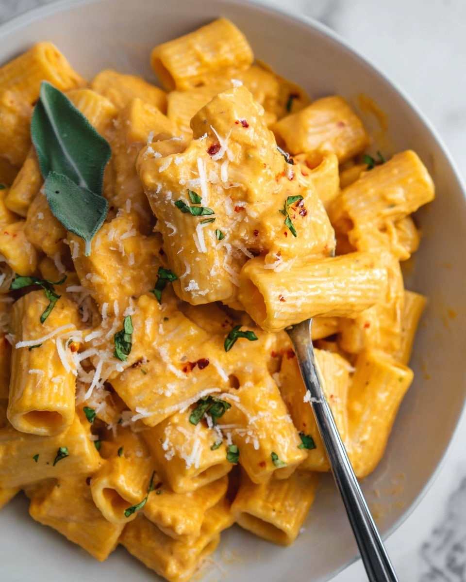 The image shows a close-up of rigatoni pasta coated in a creamy, light orange cheese sauce. The pasta pieces are thick tubes with ridges, arranged in a white bowl placed on a white marbled surface. The dish is sprinkled with fine white grated cheese and small green herb bits scattered throughout, with one whole green leaf partly visible on the side. A metal spoon lifts a portion of pasta, showing the thick creamy sauce clinging to the pasta’s ridges. The colors are warm with vibrant yellow-orange pasta and fresh green herbs. Photo taken with an iphone --ar 4:5 --v 7