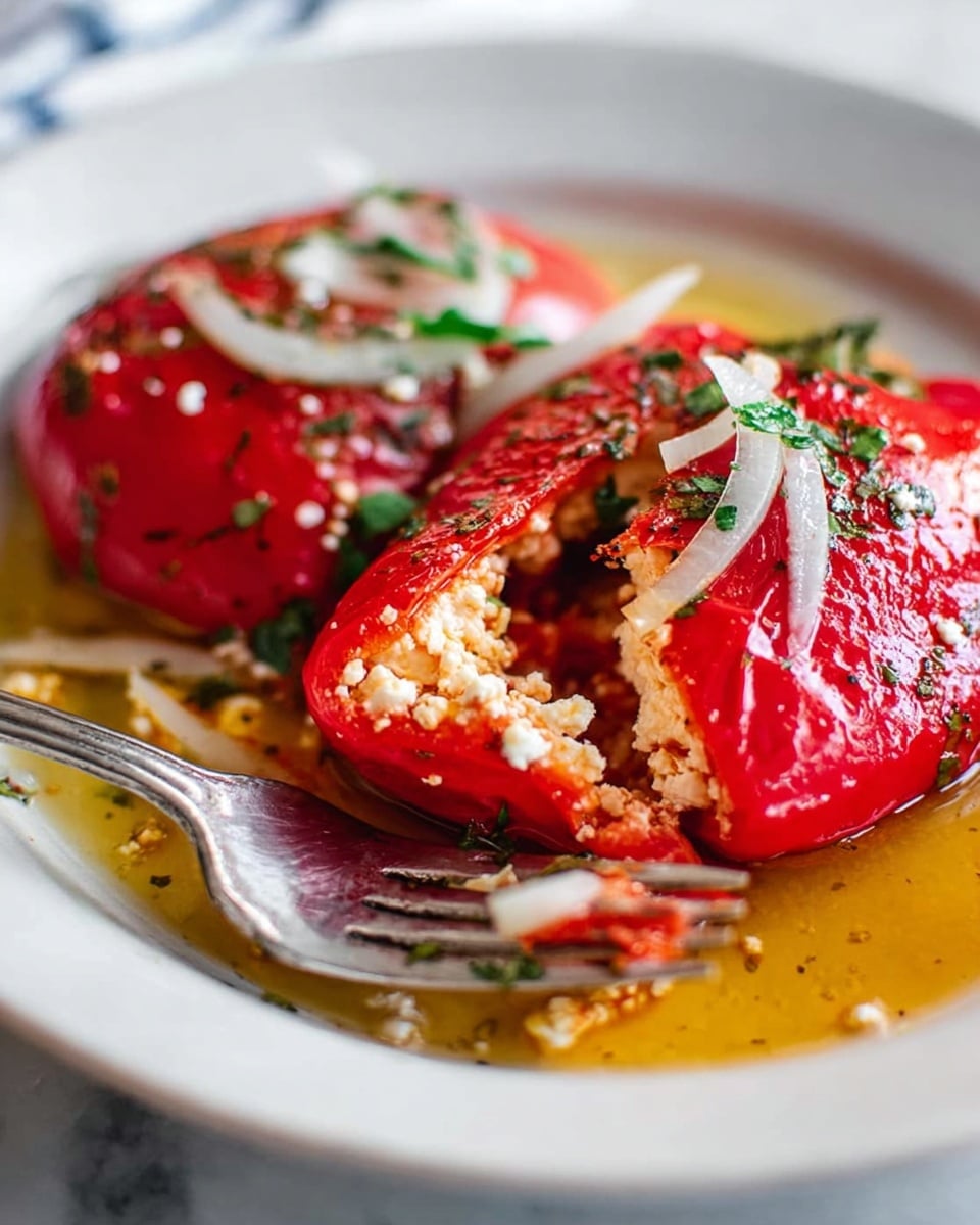 The image shows a close-up of a white plate with two stuffed red peppers lying in a shallow layer of golden oil or sauce. Each pepper is bright red with a glossy texture and filled with a crumbly white cheese mixture visible where one pepper is cut open. Thin white slices of onion and small green herb bits are sprinkled on top of the peppers, adding texture and color contrast. A fork pierces a piece of the stuffed pepper in the foreground, and blurred background shows the plate resting on a white marbled surface. Photo taken with an iphone --ar 4:5 --v 7