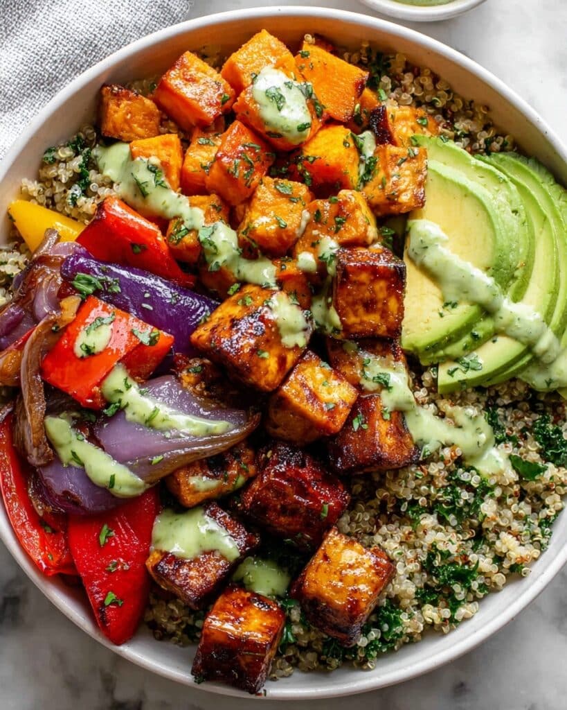 Sheet Pan BBQ Tofu Bowls with Roasted Sweet Potatoes, Veggies, and Jalapeño Ranch Recipe
