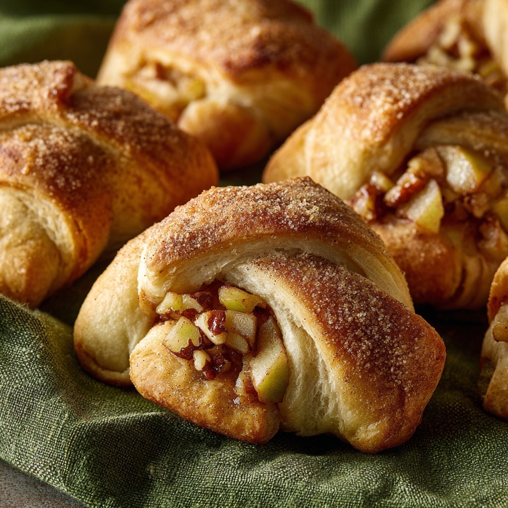 The image shows a close-up of several small crescent rolls with a golden brown, flaky crust. Each roll is wrapped around visible chunks of nuts and bits of fruit, likely pear, peeking out from the folds. The rolls are placed on a green cloth that softens the look and adds a cozy feeling. The texture of the dough looks soft yet slightly crispy on the edges, with a light dusting of cinnamon or sugar on top. Photo taken with an iphone --ar 4:5 --v 7