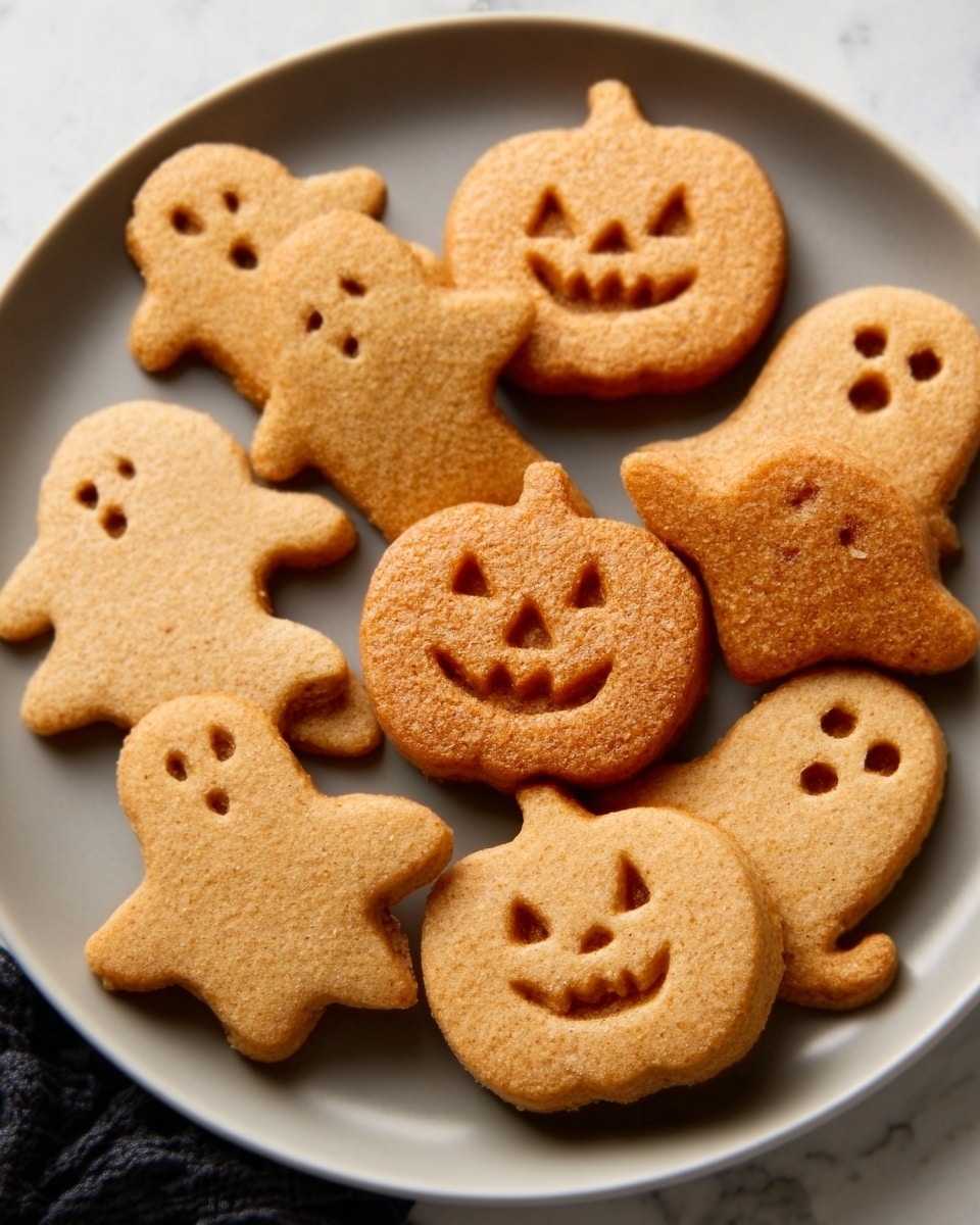 A black plate holds two layers of Halloween-themed cookies shaped like pumpkins and ghosts, all in a golden brown color with sugar sprinkles adding a slight sparkle to the surface. Each cookie features simple carved facial details that create smiling or spooky expressions. In the background, a copper baking tray lined with white parchment paper rests on a white marbled textured surface, holding two more similar cookies spaced out on the sheet. The overall scene has warm lighting that highlights the texture and slight crispiness of the cookies. photo taken with an iphone --ar 4:5 --v 7