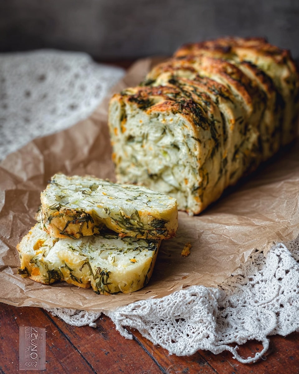 The image shows two stages of a layered bread dish in a tall rectangular metal baking pan lined with light brown parchment paper. On the left, the raw dough is cut into thick slices and arranged vertically side by side. Each bread slice reveals layers filled with white shredded cheese and bits of green herbs, creating a mix of soft white, pale yellow, and vibrant green colors. On the right, the finished baked bread is golden brown on top with dark green herbs spread evenly throughout the layers, showing a fluffy and slightly browned texture. The bread rises just above the edge of the parchment, and the pan rests on a white marbled surface. photo taken with an iphone --ar 4:5 --v 7