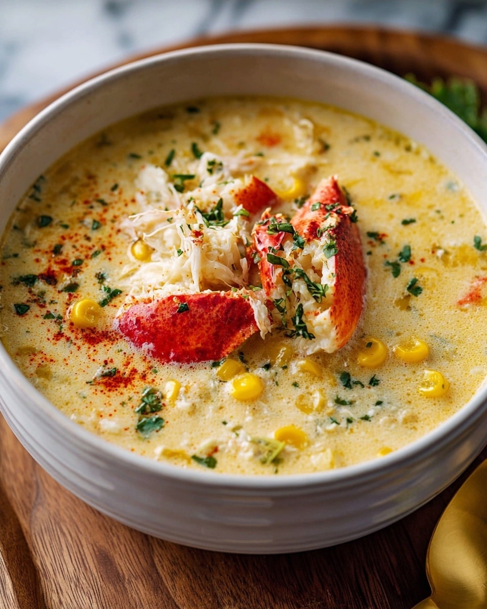 A white bowl filled with creamy light yellow soup, showing visible layers of bright yellow corn kernels in the soup base, shredded white crab meat chunks, and a vibrant red crab claw partially submerged on the right side. The soup surface is dotted with green herb sprinkles and a few spots of red seasoning powder, giving texture and color contrast. The bowl rests on a wooden board with a blurred white marbled texture background and a golden spoon partially visible at the bottom right edge. Photo taken with an iphone --ar 4:5 --v 7