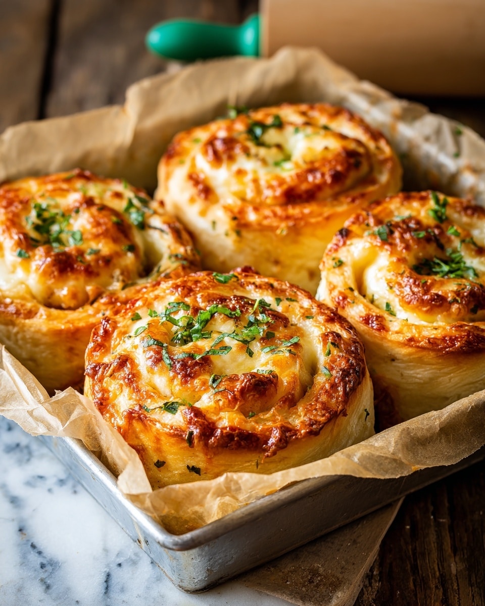 Four golden-brown cheese rolls in a silver baking tray lined with brown parchment paper, each roll showing multiple soft, thick layers of dough swirled with melted cheese inside. The tops are browned with crispy, bubbly cheese and sprinkled with fresh green herbs. The tray is on a wooden surface with a white marbled texture background visible, and there is a green rolling pin with a wooden handle in the background. The rolls look warm, fluffy, and slightly shiny from melted cheese on the surface. photo taken with an iphone --ar 4:5 --v 7