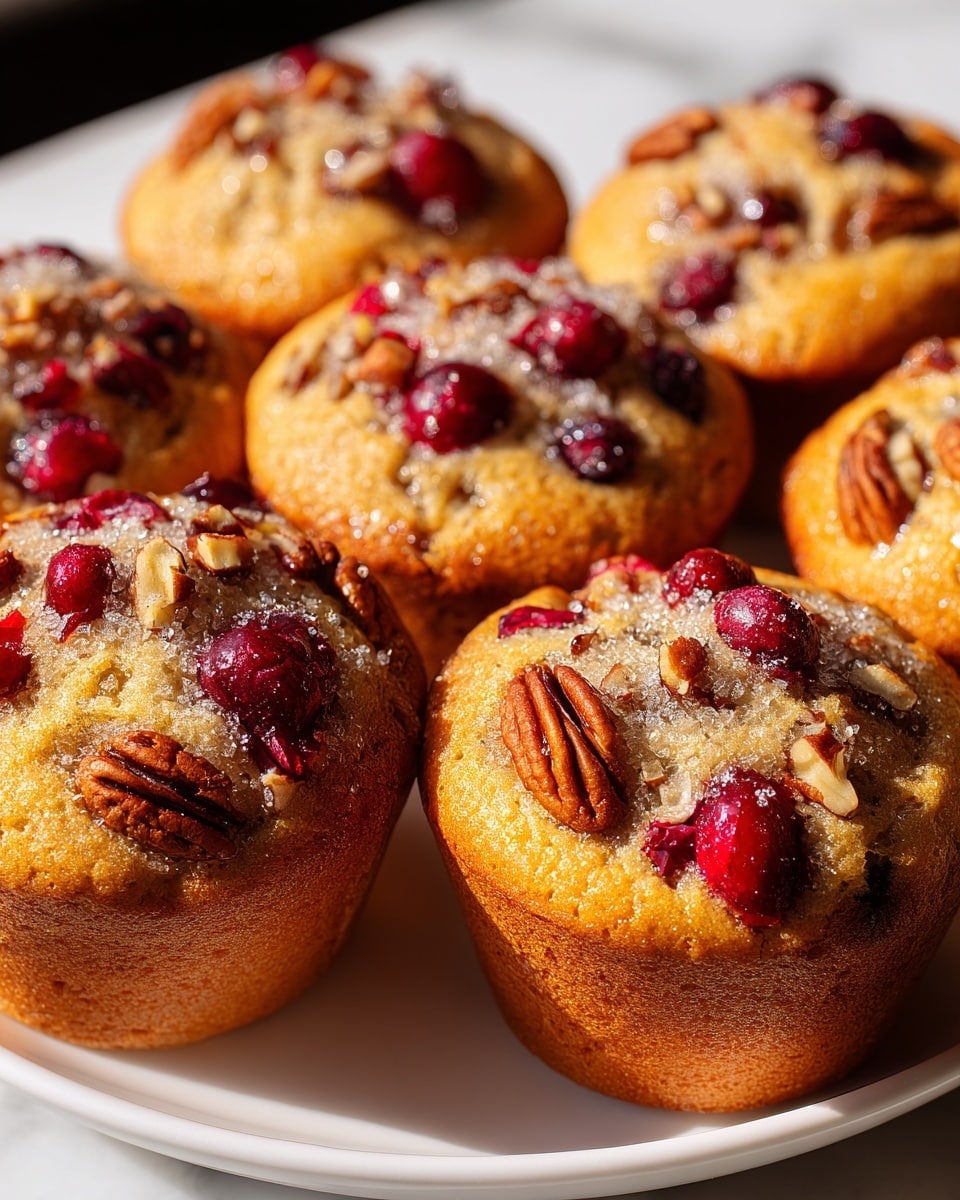 The image shows a close-up of several golden brown muffins arranged closely together on a white plate. Each muffin has a slightly rounded top with a soft, moist texture and is studded with bright red cranberries and pieces of toasted pecans that add a crunchy texture. Some sugar crystals sprinkle lightly over the muffin tops, giving a slight sparkle. The background is a white marbled surface that contrasts softly with the muffins' warm colors. photo taken with an iphone --ar 4:5 --v 7