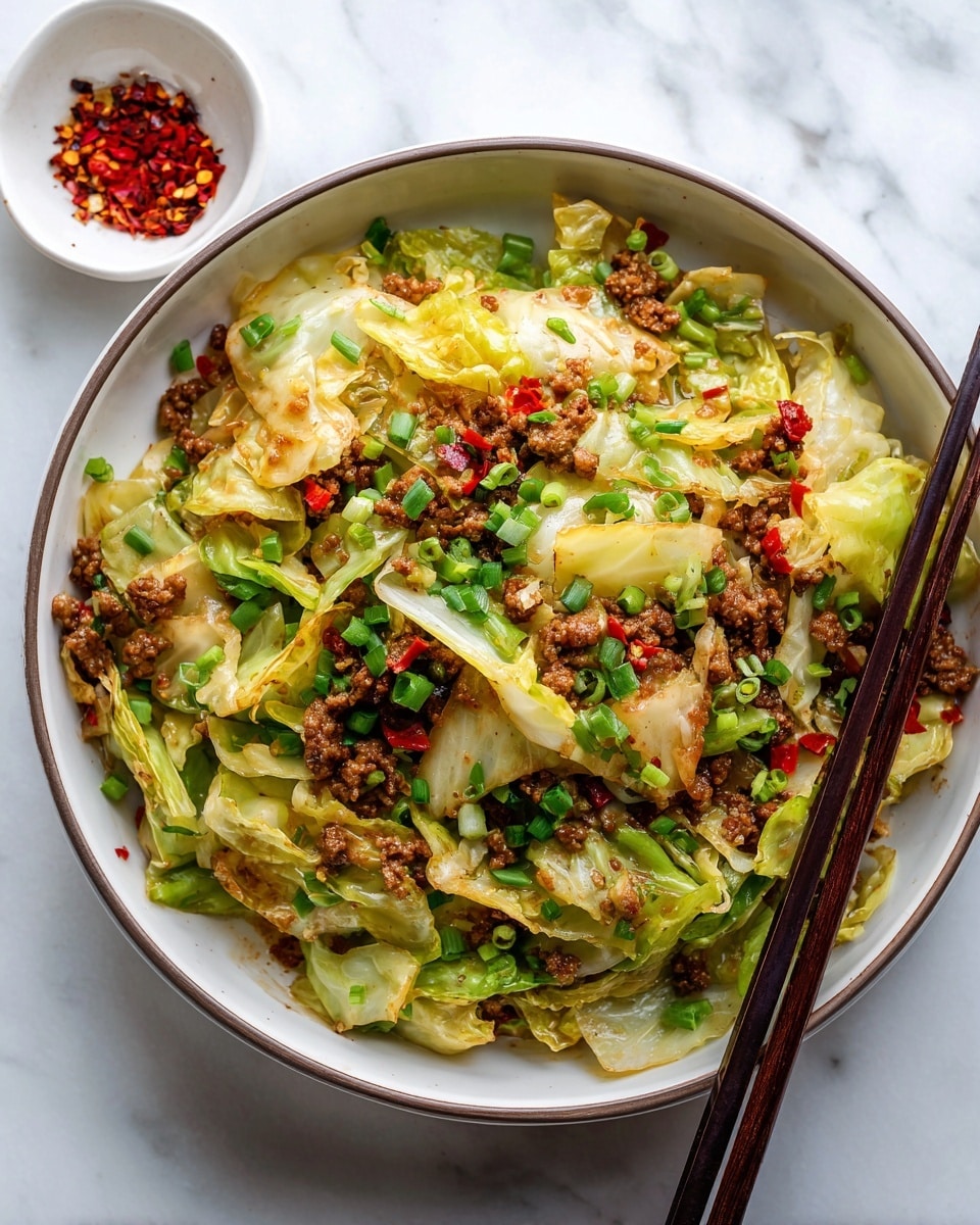 A bowl filled with a colorful dish made of cooked cabbage and minced meat, mixed well together. The cabbage pieces are light green and light yellow with a soft texture, while the minced meat is browned and crumbly, scattered evenly throughout. There are chopped green onions sprinkled on top, adding fresh green touches, and small pieces of red chili peppers giving a spicy look. Two dark wooden chopsticks rest on the bowl, slightly inserted into the food. The bowl itself is white with a simple rim design, sitting on a white marbled surface with a small white dish containing red chili flakes nearby. photo taken with an iphone --ar 4:5 --v 7