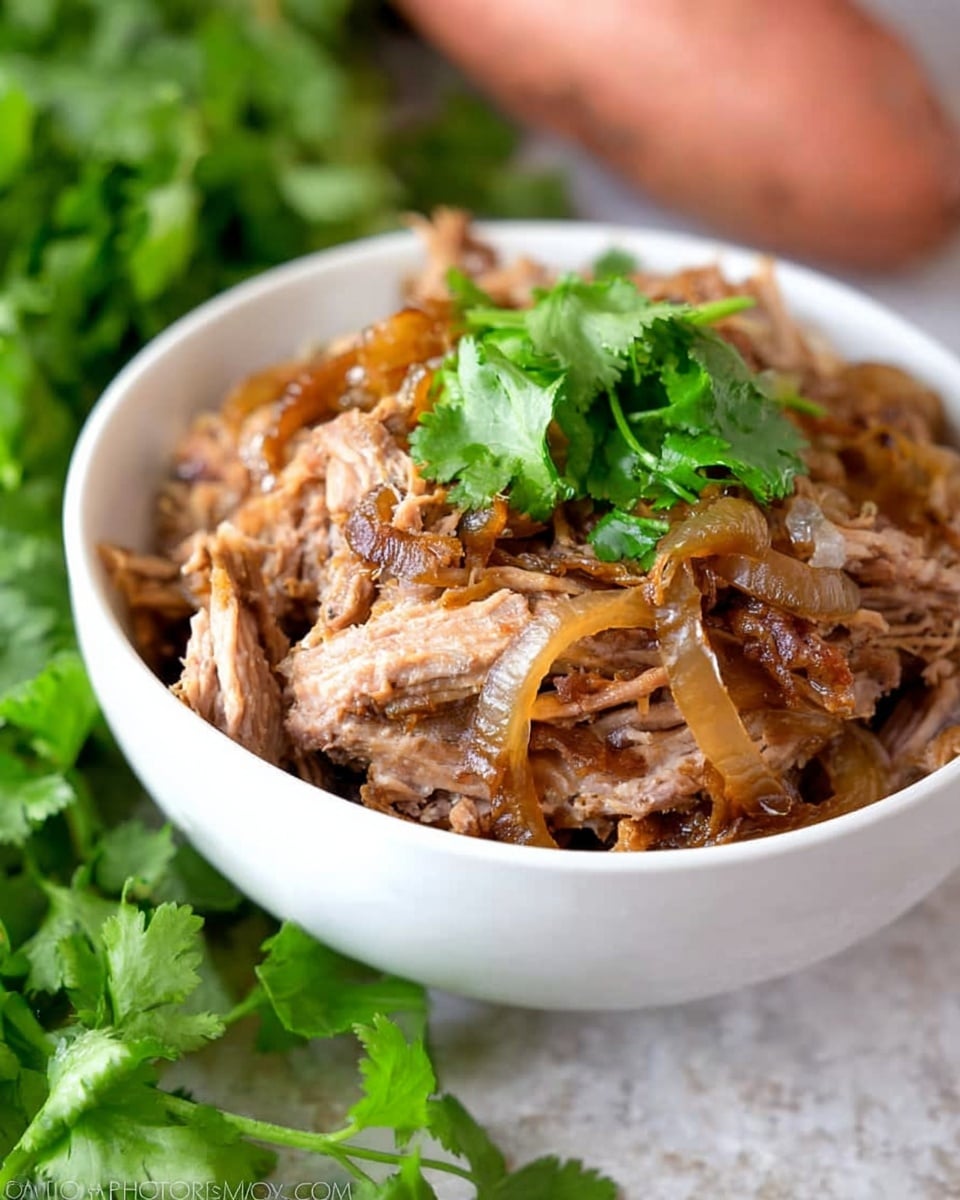 A close-up of a white bowl filled with shredded, slow-cooked meat mixed with soft, translucent caramelized onion slices, creating a tender texture. The meat has a mix of light brown and darker brown shades with juicy bits showing, topped in the center with a small bunch of fresh, bright green cilantro leaves. Behind the bowl, there is a blurred background of green cilantro bunches and a sweet potato resting on a white marbled textured surface. Photo taken with an iphone --ar 4:5 --v 7