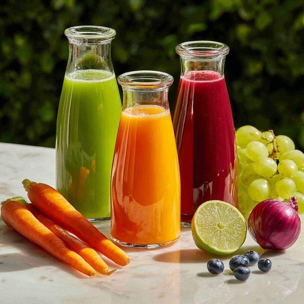 The image shows four glass jars with metal lids, each filled with different fresh juices, lined up side by side on a white marbled surface. From left to right, the first jar has orange juice with a smooth texture, the second jar contains dark green juice with a thick texture, the third jar holds deep red juice also smooth, and the fourth jar is filled with light green juice with a slightly frothy texture. Around the jars, there are fresh fruits and vegetables including an apple, leafy greens, lemon, celery sticks, carrot, and an avocado. Behind the jars, a pineapple stands with its leafy top visible. The background is a simple light gray wall. Photo taken with an iphone --ar 4:5 --v 7