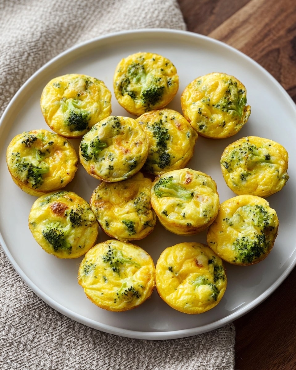 A white plate holds 14 mini egg muffins arranged in a loose circle. Each muffin is small and round with a slightly golden-yellow top that shows a fluffy, baked egg texture mixed with green broccoli pieces scattered throughout. The muffins have a light browning on some edges, giving a baked feel, and the green broccoli bits peek through the yellow egg layer, adding contrast. The plate sits on a wooden surface next to a beige textured cloth. The lighting highlights the soft, airy texture of the muffins and the slight gloss from baking. photo taken with an iphone --ar 4:5 --v 7